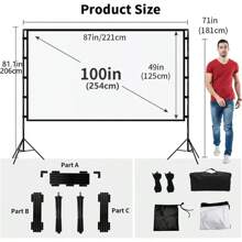 GAINVANE 120 英寸便携式投影仪屏幕带支架，4K 高清全高清 3D 视觉效果，防皱可折叠设计，包含便携包，适用于室内/室外家庭影院电影和演示