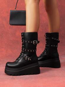 DREAM PAIRS Women's Platform Mid-Calf Boots Cyberpunk Combat Style Multiple Buckle Straps Round Toe Side Zipper Anti-Slip Thick Heel Outdoor Halloween Chunky Heel Music  Festival Party Black Boots - 黑色/PU - 查看 8