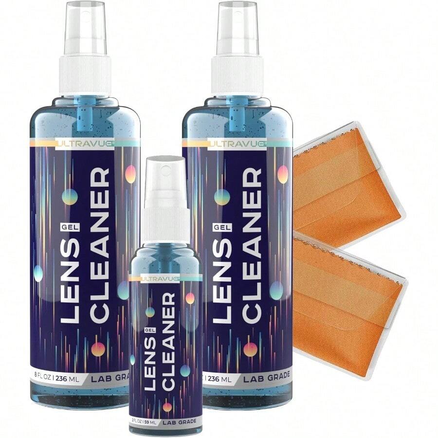 HS Eyeglass Gel Lens Cleaner Spray Kit 2 X 8oz And 1 X 2oz Gel Eyeglasses Cleaner Spray Bottle + 2 Microfiber Cloth For Cleaning Safe For All Lenses AR Coated Included - 8盎司x2盎司凝膠噴霧+2塊超細纖維布 - 查看 1