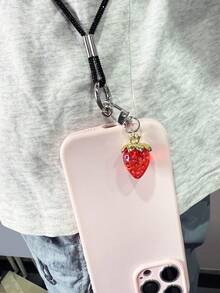 1 pieza Collar largo con colgante de fresa, cordón colgante de teléfono con doble hebilla brillante para mujeres, minimalista y de moda, anti-pérdida y anti-caída, viene con almohadilla