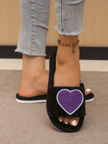 女士心形毛绒保暖拖鞋，厚底防滑室内家居拖鞋，秋冬时尚礼品拖鞋 - 紫色 - 查看 3