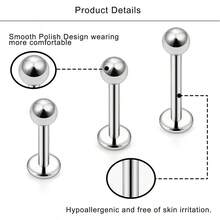 6 PCS Labret Piercing G23 Titanium ASTM-F136 Monroe Lip Stud Bar Earring Helix Cartilage Tragus Body Jewelry 16G 6/8/10mm - Silver - View 3