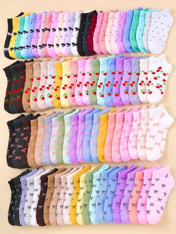 30 Pairs Kids Socks, Cute Girls Short Socks With Cherry, Bow And Polka Dot Patterns, Soft & Comfortable, Suitable For All Seasons (1-16 Years Old), 10 Random Styles