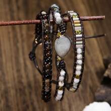 Braccialetto bohémien da donna, fatto a mano e unico nel suo genere, a 3 giri, con pietre naturali pregiate, perle di labradorite scintillanti, stile regolabile - perfetto per l'uso quotidiano, come regalo, accessorio per tutte le stagioni