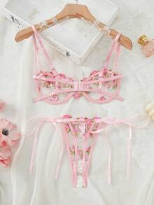 1set Women Floral Embroidery Mesh Lingerie Set, Rave - Pink - View 5