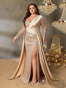Elisanya Curve Plus Women's V-Neck Long Sleeve High Slit Fishtail Formal Evening Gown | Elegant Design - Champagne - View 7
