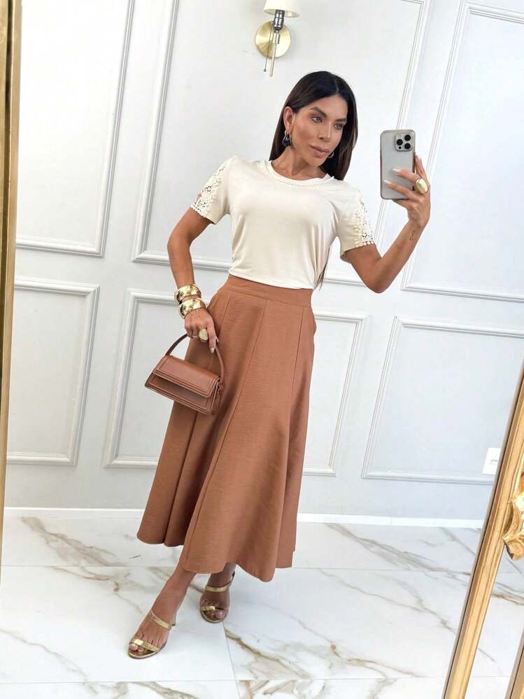 Women's Midi Skirt In Sensory Fabric – Essential, Elegant And With A Light, Simple, Casual Fit - Rust Brown - View 4