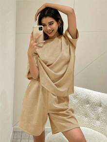 2pcs/Set Women's Solid Color Round Neck Short Sleeve Shorts Casual Loungewear Summer Elegant - Khaki - View 3