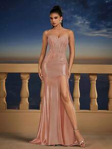 全新性感露肩高开叉美人鱼晚礼服伴娘礼服 - 粉色 - 查看 2