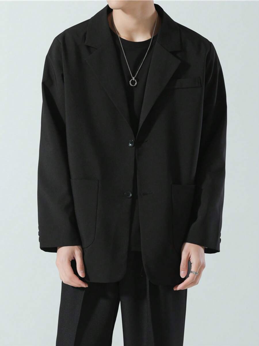 Tailored Jacket For Men, Autumn, Outerwear, Jacket, Long Sleeve, Light Outerwear, Suit Jacket, Telework, Business, Casual, Tailored Jacket, Loose Fit, Blazer, Black, Beige, White, Commuting, School, Telecommuting, Office, Blouson, Spring/Autumn, Autumn/Winter, Fashion - Black - View 1