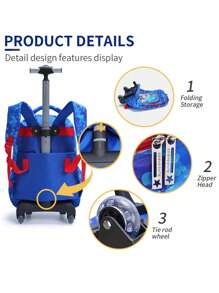 BLING BABIES 3pcs/Set Rolling Backpack, Sky Blue Football Pattern, Student School Bag With Lunch Box And Pencil Case, Suitable For Daily Commute, Reflective At Night - Royal Blue - View 6