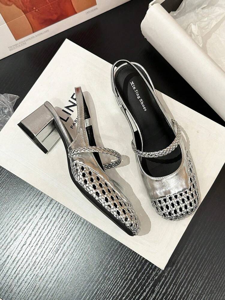 Xin Jing Shoes 女士编织圆头带粗跟穆勒鞋，休闲及办公场合皆宜，优雅玛丽珍鞋款，派对必备 - 銀色 - 查看 10