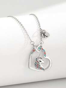 1pc Cute Popular English Initial Letter A-Z Heart Shaped Unicorn Necklace For Girls Birthday Gift For Dating And Daily Life - Silver - View 3