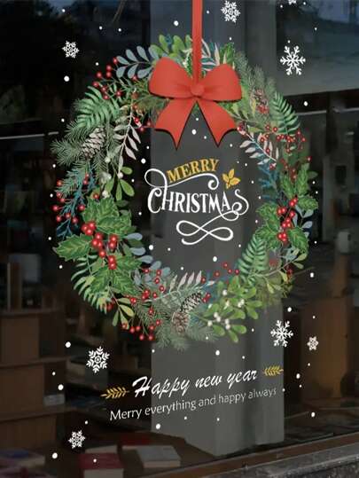 Christmas Shop Window Glass Door Christmas Decoration, Self-Adhesive Stickers With Floral Wreath Design, Double-Sided Same Color, Easy To Disassemble Silent Window Stickers Christmas Christmas Decorations Christmas Pajamas Christmas Gifts Christmas Decor