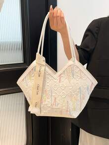 女士时尚纯色大容量单肩托特包，配围巾，适合购物、钱包、年轻女性、大学生、新婚夫妇、办公室女士。非常适合办公室、大学、工作、商务、通勤、户外活动、旅行和野餐 - 白色 - 查看 4