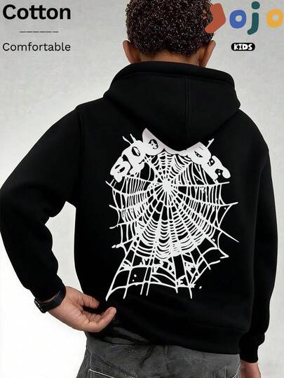 Herfst/winter nieuw, wit sweatshirt met spinnenwebprint op de rug en letters, jongens oversized losse pasvorm casual hoodie met capuchon zachte fleecevoering lange mouwen