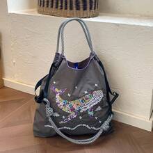 Bohemian Women's Shoulder Bag Embroidered Pattern Nylon Bag Large Capacity Cloth Bag Lightweight Foldable Storage Bag Commuter Bag Fashion Bag Travel Bag Large Capacity Tote,Large-Capacity Handbags, Commuter Bags, Ladies' Bags