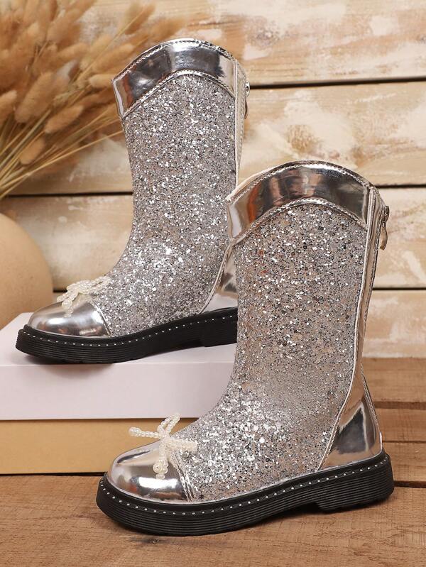 1 Paar Stiefel für Kleinkind Mädchen, mittellang, bequemer Glitzer-PU-Stoff, Thermofutter, Reißverschluss hinten, runde Zehenpartie, Perlenband-Design, weiche Sohle, modische Prinzessinnen-Lederstiefel, geeignet für 3-12 Jahre alte Mädchen, Ski, Schule, Party, Herbst/Winter