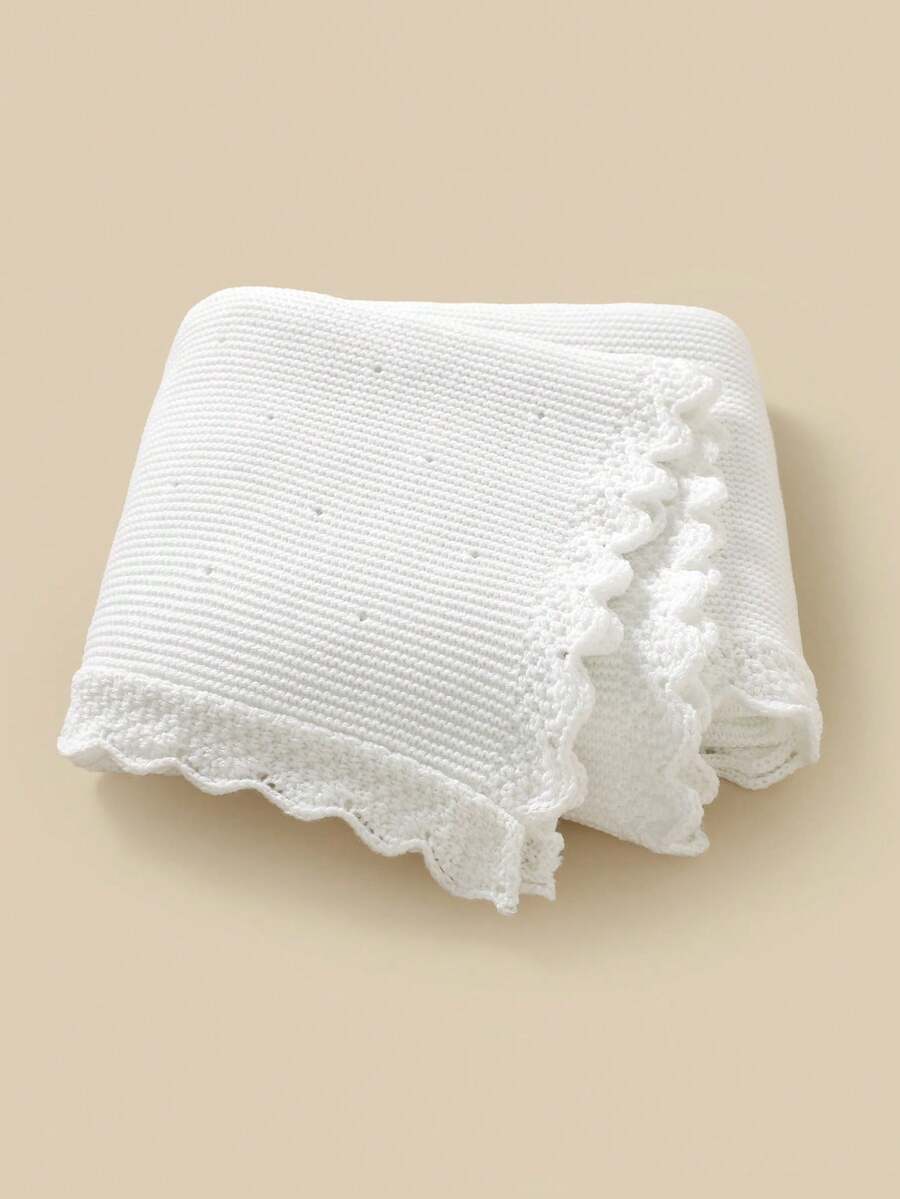 1 件厚针织婴儿毯，时尚波浪边休闲简约婴儿羊毛毯 - 白色 - 查看 1
