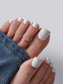 150片短方形按压式脚趾甲，白色人造指甲贴片套装，适合DIY，简约百搭，15种尺寸，女士美甲用品 - 白色 - 查看 3