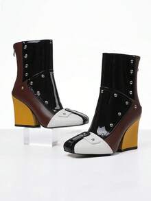 Stylish Women Vintage Motorcycle Ankle Boots Square Toe Chunky High Heel Back Zipper Rivet Mix Color Combat Short Boot Footwear - màu đen - Xem 2