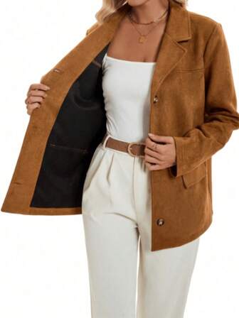 Women's Suede Collar Solid Color Casual Commuter Jacket, Autumn/Winter