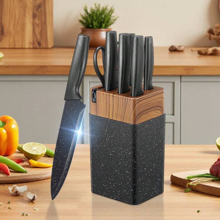 Knife Set, Yabano No Rust Kitchen Knives With PE Universal Knife Block 7 Pieces, High Grade Small Knife Block Set With Black Coating, Dishwasher Safe - Black and White - View 1