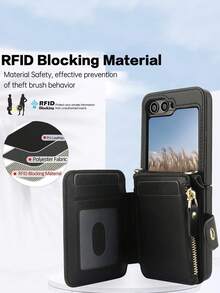 AWQUER Funda de piel sintética PU tipo bandolera con soporte, ranuras para tarjetas y cremallera para Galaxy Z Flip 7 6 5 4 3 5G, con correa de muñeca, bolsa para teléfono móvil con bloqueo RFID para Galaxy ZFlip6 ZFlip5 ZFlip4 ZFlip3 - Negro - Ver 7