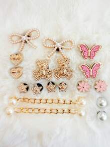 18 sztuk eleganckich klipsów do butów z perełkami, kokardką i kryształkami, ABS, różowa kokardka z kryształkami, dekoracja DIY, wielofunkcyjne akcesoria do sandałów damskich, kapci, toreb plażowych, świetny prezent na Dzień Matki i świąteczne przyjęcia urodzinowe