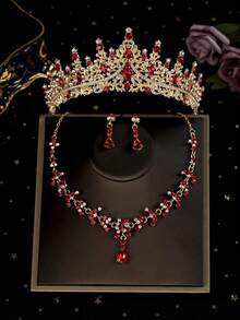 1 Bộ phụ kiện cô dâu gồm vương miện đính đá đỏ, vòng cổ, bông tai, bộ trang sức cưới 4 món, phù hợp với váy cưới, đầm dạ hội, tiệc tùng, phụ kiện ngày Valentine. - Đỏ - Xem 3