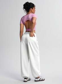 TCVC 女士休闲高腰抽绳宽松慢跑裤，高弹力腰带，宽松舒适，适合运动、休闲穿着、返校季、秋冬季紧身裤 - 白色 - 查看 3