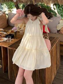 A字型无袖荷叶边迷你连衣裙，优雅显瘦 - 杏色 - 查看 6