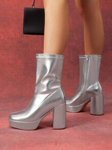 Women's Chunky Platform Mid-Calf Boots Waterproof Square Toe Fashionable Lightweight Comfort Elegant Bright Solid Color Side Zipper Classic For Parties Dress Festival Ankle Go Go Silver Boots - 銀色 - 查看 5