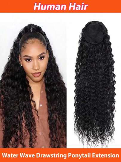 Water Wave Ponytail Extensions Drawstring Ponytail Natural Black Color Human Hair With Clip Thick Ponytail Hair