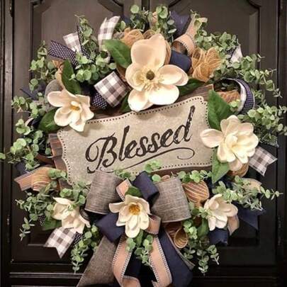 Spring Summer Wreath For Front DoorFarmhouse Magnolia Porch Decoration Front Door Hanger Housewarming Gift Buffalo Plaid Year Round Wreath Summer Home Decor-0166