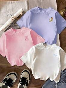 Set de 3 camisetas de manga corta con cuello redondo y estampado casual para niñas, blusas de verano para adolescentes y estudiantes - Multicolor - Ver 3