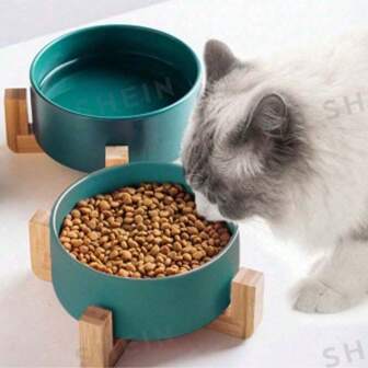 Ceramic Dog Bowl With Wooden Stand, Dog Water Bowl And Food Bowl, Heavy Duty Anti-Slip Pet Comfortable Feeding Bowl With Bamboo Wood Holder