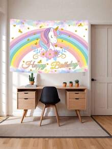1pc Rainbow Unicorn Birthday Polyester Banner 100x150cm | Waterproof Background Cloth For Unicorn Theme Party Decor | Indoor Outdoor Fence Hanging Fabric | Wall Decor Cake Table Backdrop - Pink - View 3