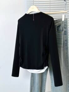 Minimalist Sexy V-Neck Long Sleeve T-Shirt, Minimalist Design Base Layer Top Black Spring - Black - View 8
