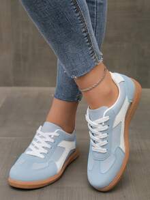 Women's Multifunctional Fashion Casual Shoes, Lightweight, Comfortable, Non-Slip Lace-Up Round Toe Rubber Sole Casual Sneakers, Sky Blue - Baby Blue - View 3