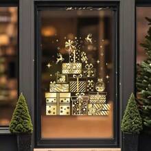 1pc Gold Christmas Tree Christmas Gift Static Cling Glass Window Sticker, Christmas Holiday Glass Sliding Door Decor Window Sticker  Christmas Decor  Christmas Decorations Stickers Wall Stickers Room Decor Wall Decor Christmas Decoration Home Decor