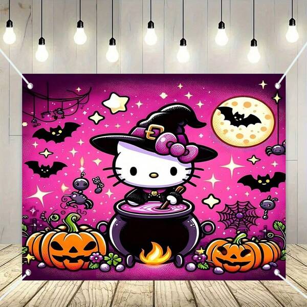 Sanrio 1 pieza Telón de fondo para fiesta de Halloween con diseño de dibujos animados de Sanrio, pancarta colgante para fiesta de Halloween, decoración de fondo para fiesta de Halloween, tela de decoración de terror colgante, tela de poliéster para fondo de fiesta