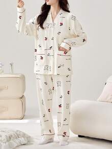 [PONX]2pcs Women V-Neck Pajama Set, Long Sleeve Top And Pants, Soft Homewear For Spring And Autumn, Fall Winter Clothes - Beige - View 4