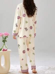 [PONX]2pcs Women V-Neck Cardigan Pajama Set, Long Sleeve Top And Pants, Soft Homewear For Spring And Autumn - Apricot - View 5