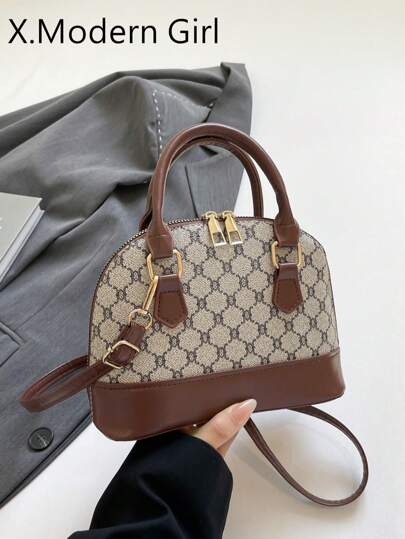 绗缝双提手圆顶包，简约设计拉链单肩包，纯色PU皮革斜挎包，便携式手提包