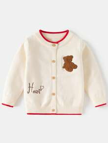 Girls' Letter & Bear Knitted Cardigan Sweater, Autumn/Winter