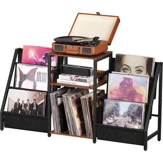 3 Tier Turntable Stand With Display Shelf Storage Up To 180 Albums,Brown End Table Records Cabinet For Media Stereo Speaker