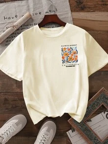 Howell 百搭时尚花卉印花短袖 T 恤女式休闲迷人花卉图案圆领 T 恤女式上衣 - 杏色 - 查看 2