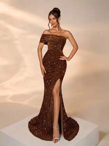 Elisanya Autumn/Winter Velvet Sequin Luxury Elegant Lady Banquet Gown, Removable Long Sleeve Trailing Dress, High Waist Party Dress Occasions - Coffee Brown - View 6
