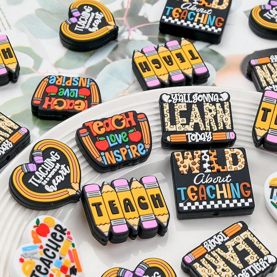 6 件硅胶珠、DIY 教师徽章挂绳、珠宝项链装饰焦点珠、串珠笔、钥匙扣 - 彩色 - 查看 1